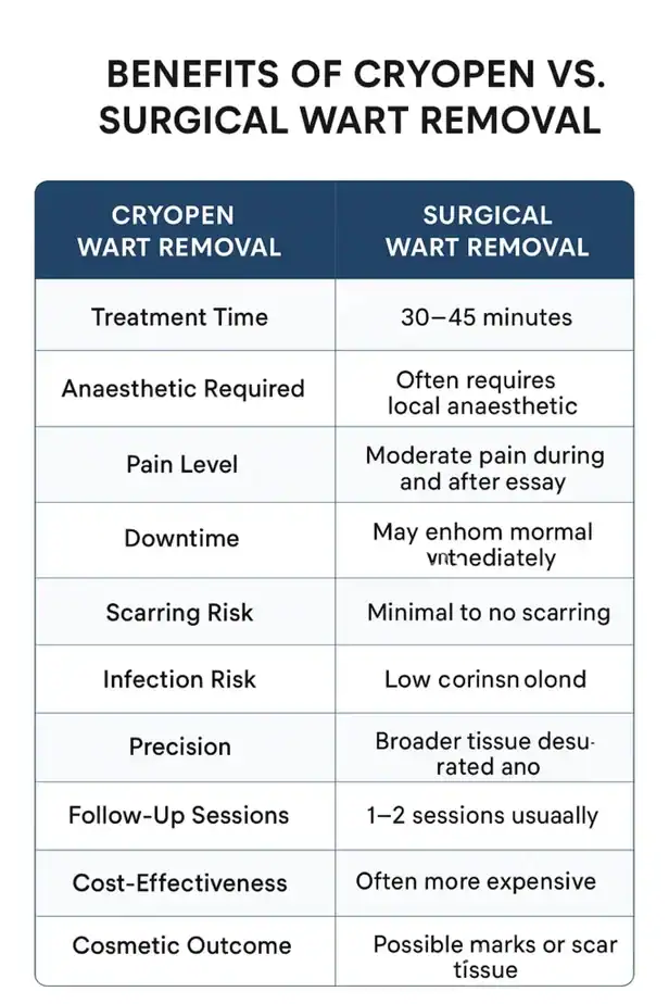 Table showing the benefits of cryopen to remove warts Port Glasgow compared to surgical treatment